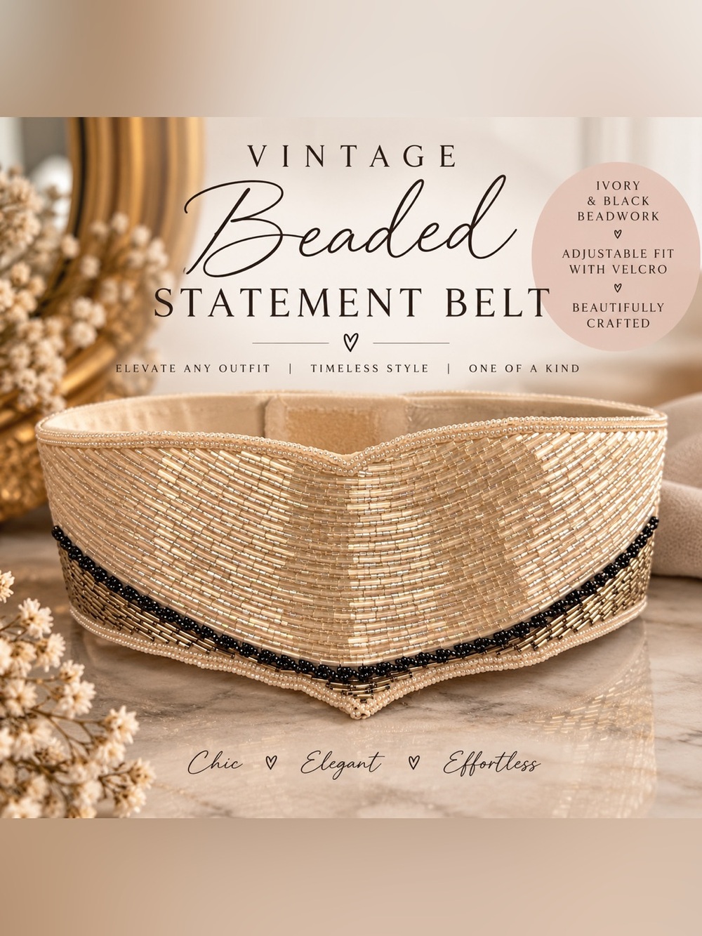 Vintage Ivory Beaded Statement Waist Belt Bridal Formal Glam OS